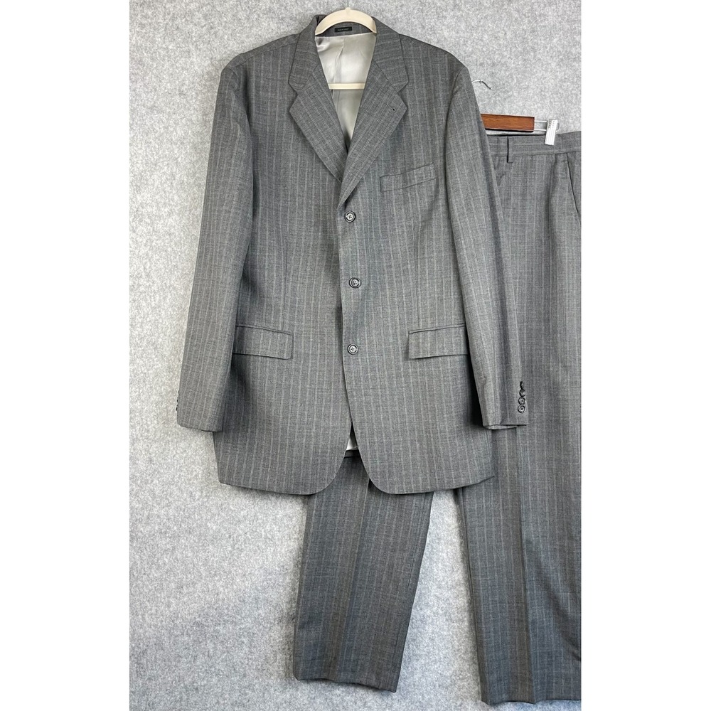 Express‎ 2PC Wool Blazer Pants Suit Mens 44L 34x33 Gray Striped 3 Button Front